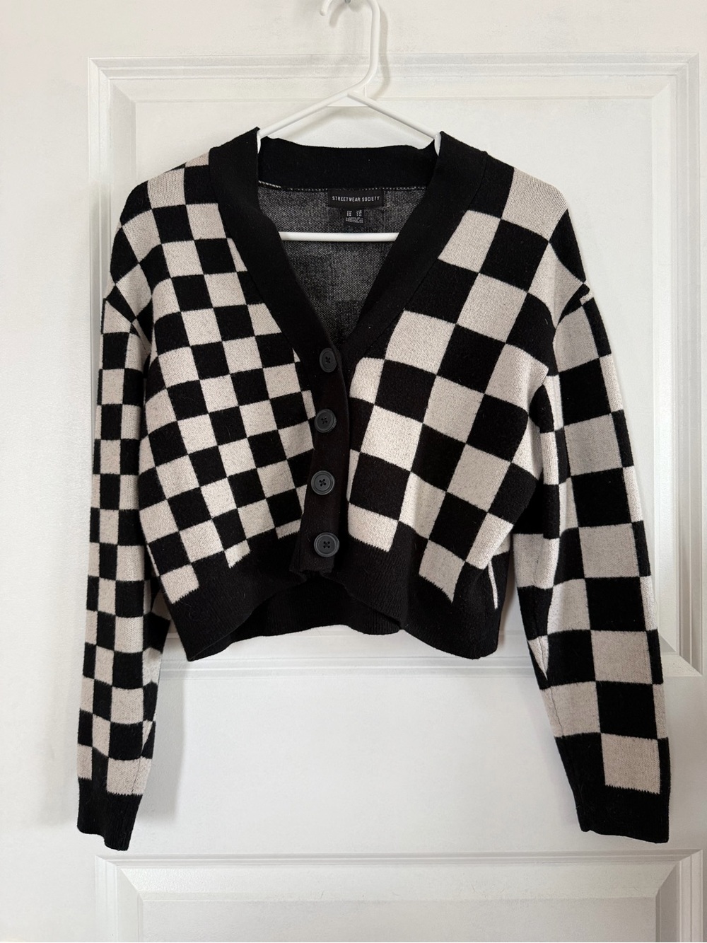 Streetwear Society Checkerboard Cropped Front Button Cardigan Sweater Size XS